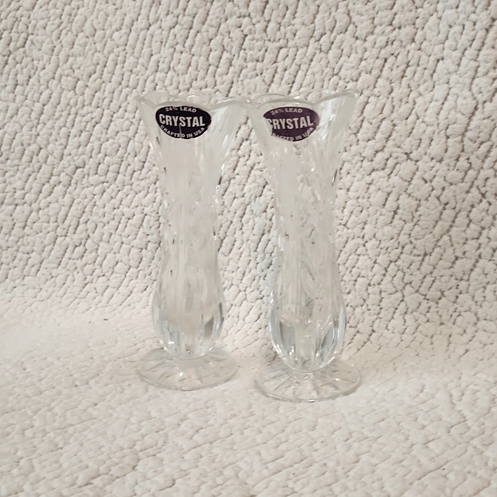 Vintage 90's 24% lead crystal etched glass scalloped opening set of 2 vases USA